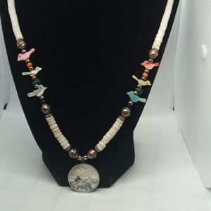 Gorgeous mop bird fetish necklace barrel clasp silver over copper beads.